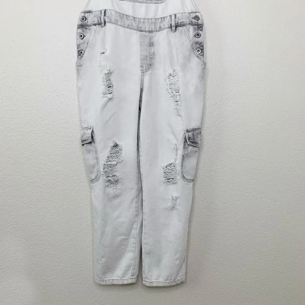 Zara Basic Bleach Distressed Cargo Style Jeans Overalls, Sz Small - Picture 5 of 15